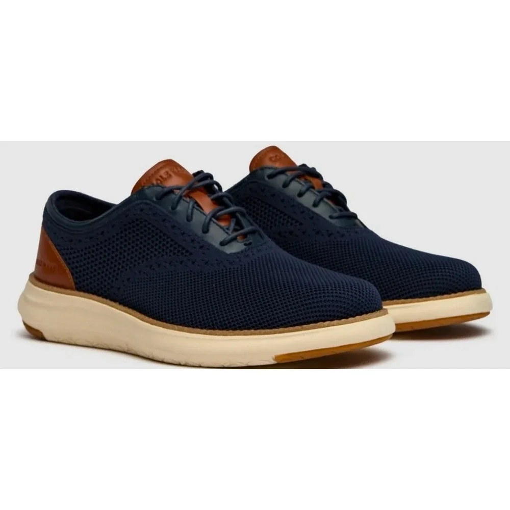 Cole Haan Grand Remix Knit Mens Navy Blue Leather Wingtip Oxford Shoes size 11.5